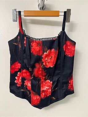 Vintage Black Corset Camisole with Red Floral Print
